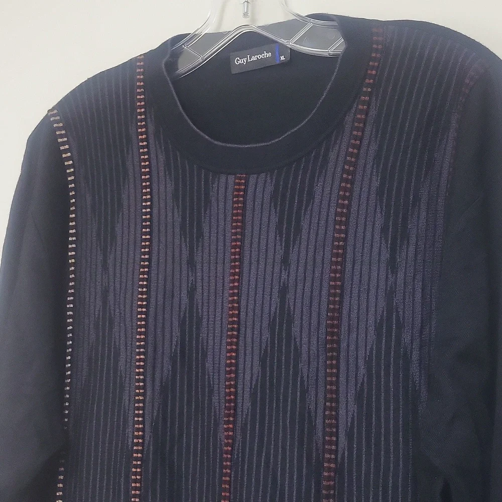 GUY LAROCHE Black Gray Orange Brown Wool Tencel Crewneck Lightweight Sweater